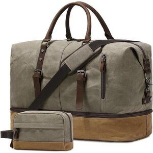 Waxed Canvas Duffel Bag Green Leather Weekend Travel